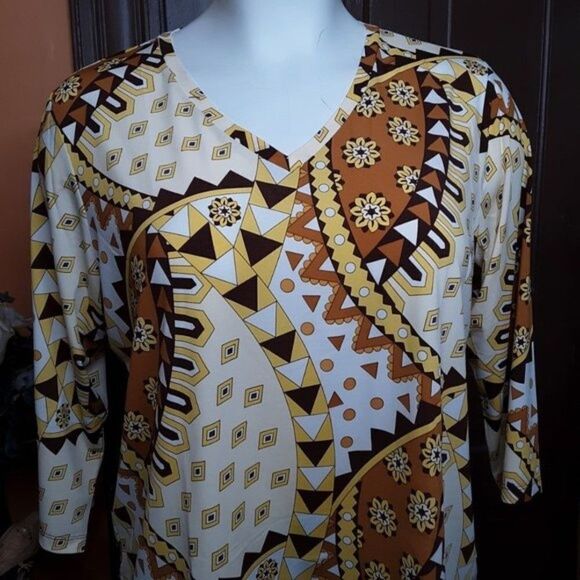 Linea By Louis Dell’Olio Yellow Brown Black Motif V-neck Blouse 2X - Picture 11 of 11